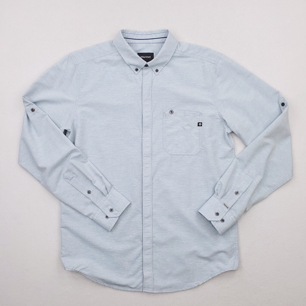 Marmot Shirt Mens Medium Blue Knit Button Down Roll‎ Tab Sleeve Outdoor Casual